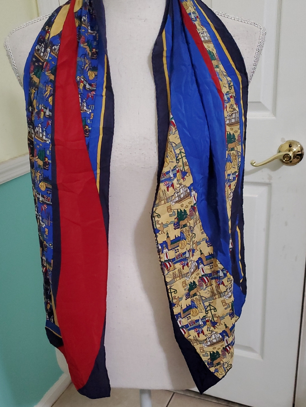 Vintage Elegant Blue, Red & Gold Printed Scarf 10.5 x 50